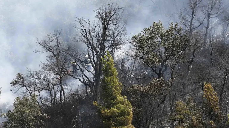 Un helicóptero lanza agua sobre el monte Miravalles, en el termino municipal de Villaba, donde se ha declarado esta tarde un incendio en una zona arbolada en las inmediaciones de la Trinidad de Arre. EFE/Jesús Diges