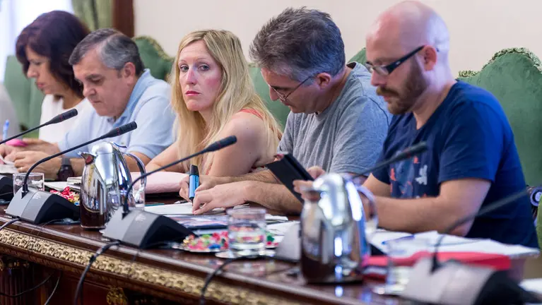 Armando Cuenca y Alberto Labarga (Aranzadi-Podemos) en primer plano, junto a Patricia Fanlo, Eduardo Vall y Maite Esporrín (PSN) durante un pleno del Ayuntamiento de Pamplona.  IÑIGO ALZUGARAY