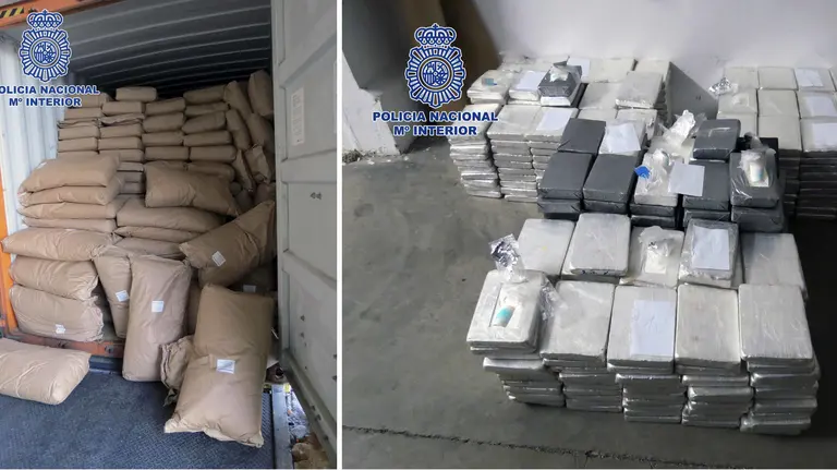 Combo de fotografías facilitadas por la Policía Nacional que ha intervenido 535 kilos de cocaína ocultos en un contenedor de especias que llegó a Valencia desde Perú, en una operación en la que han sido arrestadas diecisiete personas y que supone la mayor aprehensión hecha gracias a la colaboración ciudadana mediante el correo antidroga@policia.es. Según ha informado hoy la Dirección General de la Policía, el contenedor fue interceptado en el Puerto de Valencia y en su interior se localizaron diez mochilas con más de cincuenta kilos de cocaína. La operación se ha saldado con diecisiete detenidos que formaban parte de un entramado que proporcionaba a grupos de narcotraficantes la infraestructura necesaria para introducir droga en España mediante diferentes sistemas, y que disponía de una nave industrial en la localidad murciana de Abanilla. Se trata de la mayor aprehensión llevada a cabo por la Policía gracias al correo, anónimo y confidencial, antidroga@policia.es, en el que desde enero de 2012 se han recibido más de 40.000 mensajes que han conducido a la detención de 850 personas vinculadas al narcotráfico a pequeña y gran escala. EFE/