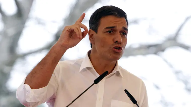 El secretario general del PSOE, Pedro Sánchez, durante su intervención en un acto de campaña celebrado hoy en el concello coruñés de Cerceda donde ha acompañado al candidato sociaista a la presidencia de la Xunta, Xoaquín Fernández Leiceaga. EFE/Cabalar