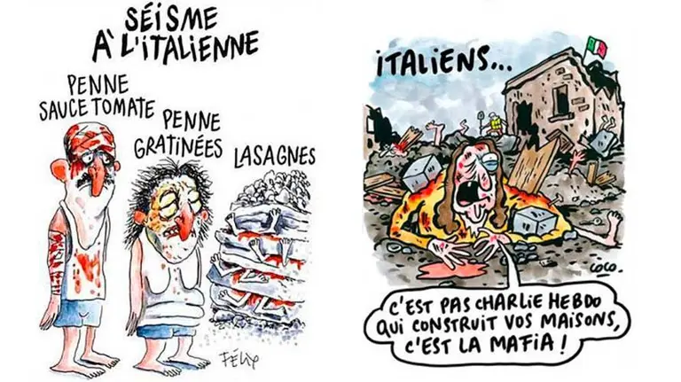 La viñeta que ha desatado la polémica y la viñeta de respuesta de Charlie Hebdo.