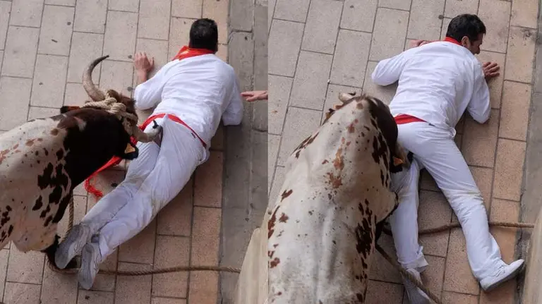 Peligrosa cogida por el toro ensogado de Lodosa. MIGUEL OSES