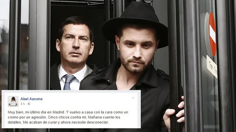 GRA088. PAMPLONA (NAVARRA) 25/02/2016.- El artista Abel Azcona (d) abandona el Palacio de Justicia de Pamplona junto a su abogado Jorge Morales (i) tras declarar como investigado ante el titular del Juzgado de Instrucción número 2 de Pamplona por una exposición con supuestas hostias consagradas que fue objeto de una querella criminal por "profanación". EFE/Jesús Diges