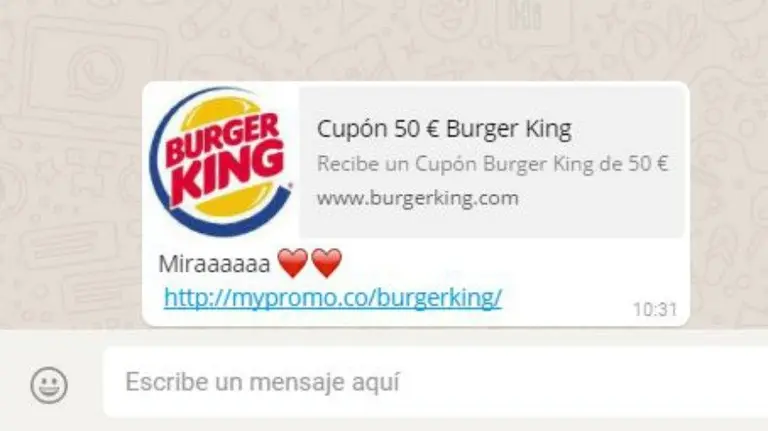 Cup&oacute;n falso de Burguer King que llega a trav&eacute;s de WhatsApp.