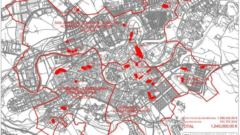 Mapa de las obras que es van a acometer en Pamplona y sus barrios. 