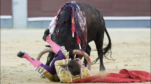 Cogida de Rubén Pinar en Las Ventas; el diestro ha sufrido dos cornadas. LAS VENTAS.COM