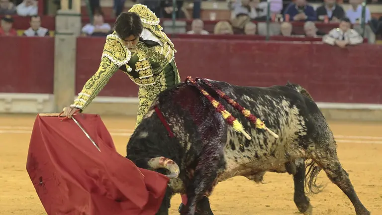 El diestro Miguel Angel Perera en la faena a su primer toro, de la ganadería La Palmosilla, durante la corrida de la Feria del Pilar de Zaragoza, celebrada en el coso de La Misericordia, en la que ha compartido cartel con José Garrido y Ginés Marín. EFE/Javier Cebollada