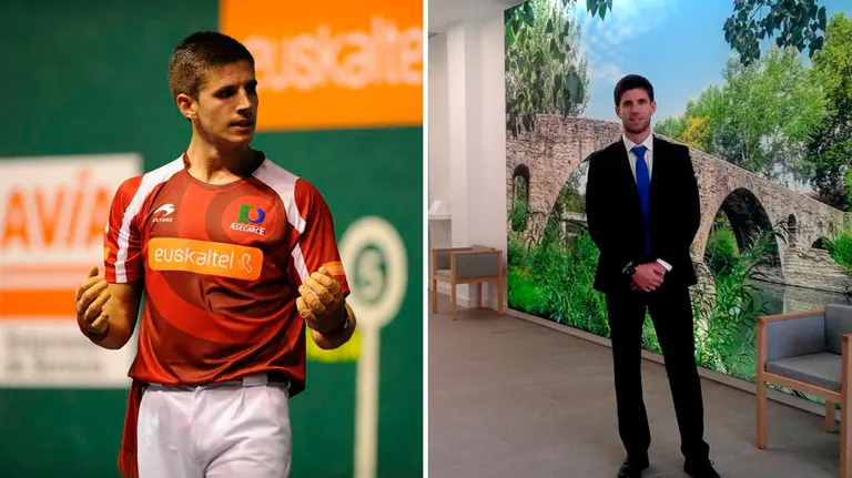 Mikel Idoate, en su anterior faceta como pelotari (izda.) y, en la actualidad, como socio del nuevo velatorio de la Chantrea.