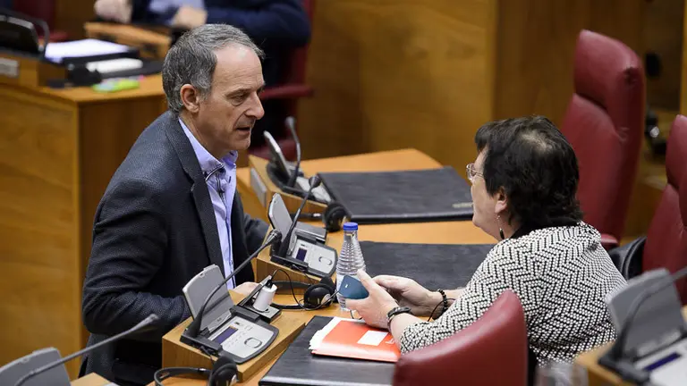 El parlamentario de EH Bildu Adolfo Araiz habla con la consejera Beaumont. PABLO LASAOSA