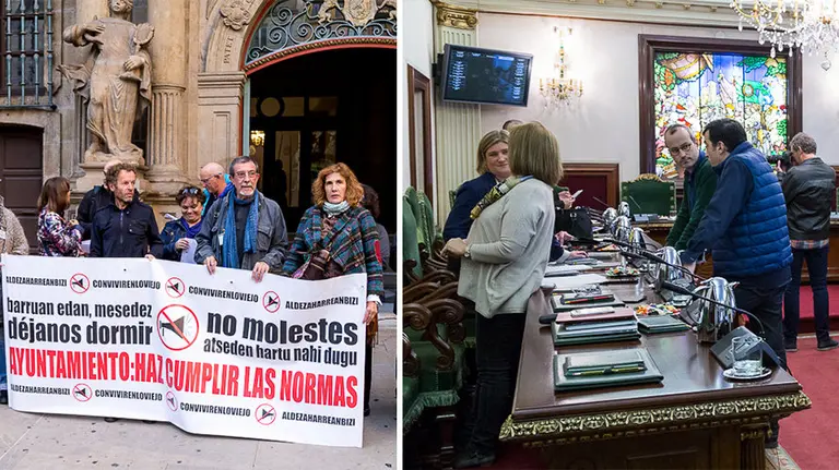 Varios vecinos de la plataforma &#39;Convivir en lo Viejo&#39; se manifiestan en la puerta del Ayuntamiento antes de la celebración del pleno municipal. ÍÑIGO ALZUGARAY.