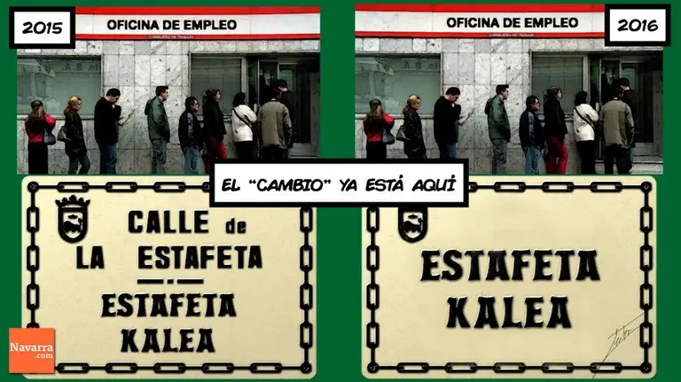 El cambio que experimenta la cola del Inem al rotular las calles de Pamplona en euskera. 