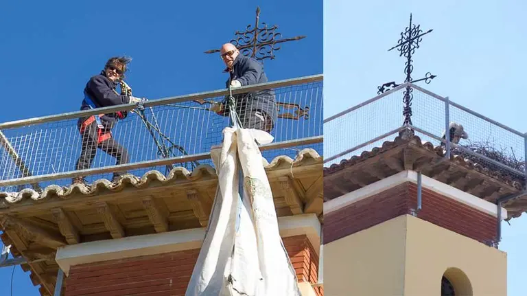 Miembros de Gurelur retiran el nido de cigüeñas de la guarderia de Corella. GURELUR