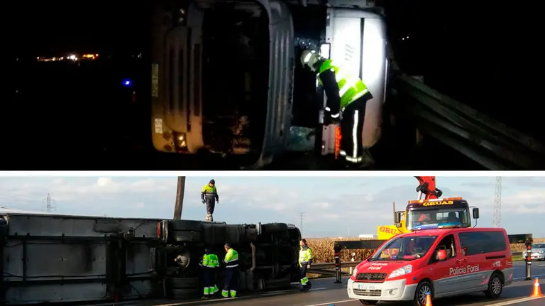 Cami&oacute;n frigor&iacute;fico volcado en Milagro BOMBEROS POLIC&Iacute;A FORAL
