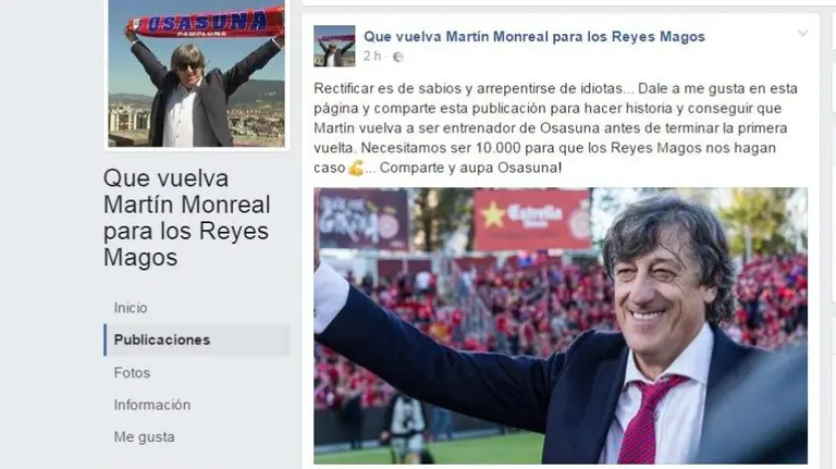 La página de Facebook 'Que vuelva MArtín Monreal para los Reyes Magos'. FACEBOOK. 