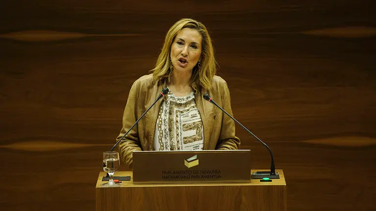 La popular Ana Beltrán en la tribuna de oradores durante el pleno de los presupuestos Navarros. MIGUEL OSÉS  (1)