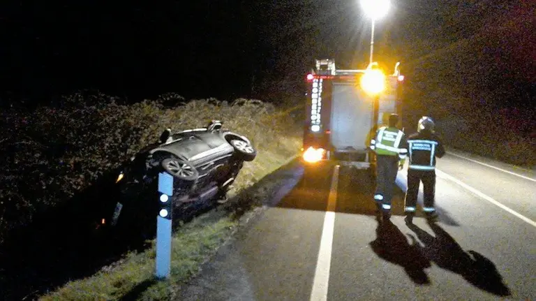 Vehículo volcado al atropellar a un jabalí en la NA-132 en dirección Oteiza.