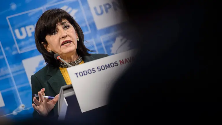 Yolanda Ibáñez, secretaria general de UPN, durante una rueda de prensa. PABLO LASAOSA