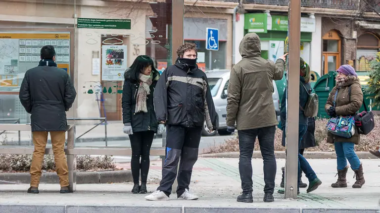 Varias personas esperan a la villavesa en el Paseo Sarasate de Pamplona a temperatura bajo cero -(2). IÑIGO ALZUGARAY