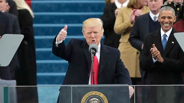 US President Donald Trump speaks to the nation during his swearing-in ceremony  on January 20, 2017 at the US Capitol in Washington, DC. / AFP PHOTO / Mandel NGAN