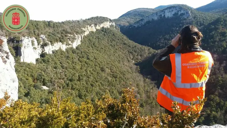 Imagen de un guarda forestal controlando una batida de caza. ASOCIACIÓN NAVARRA DE GUARDAS FORESTALES