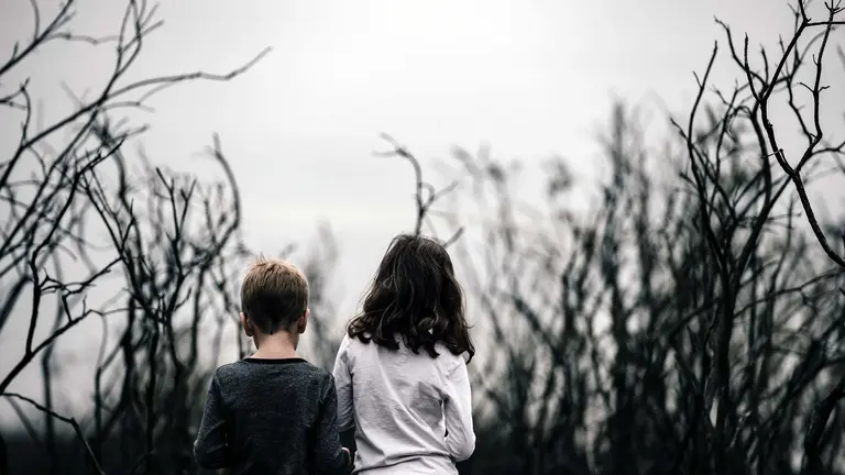 Dos niños pequeños caminan por una senda.