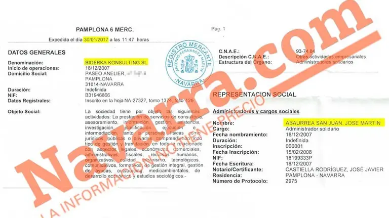 Documento del Registro Mercantil  sobre el cargo de administrador de una consultoría. NAVARRA.COM