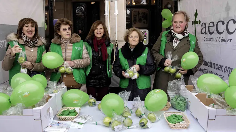 Un grupo de voluntarias de la Asociación Española contra el Cáncer (AECC) reparten manzanas en la Plaza del Castillo de Pamplona para conmemorar el Día Mundial contra el Cáncer. EFE/Villar López