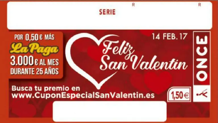 Boleto de la ONCE por San Valentín.