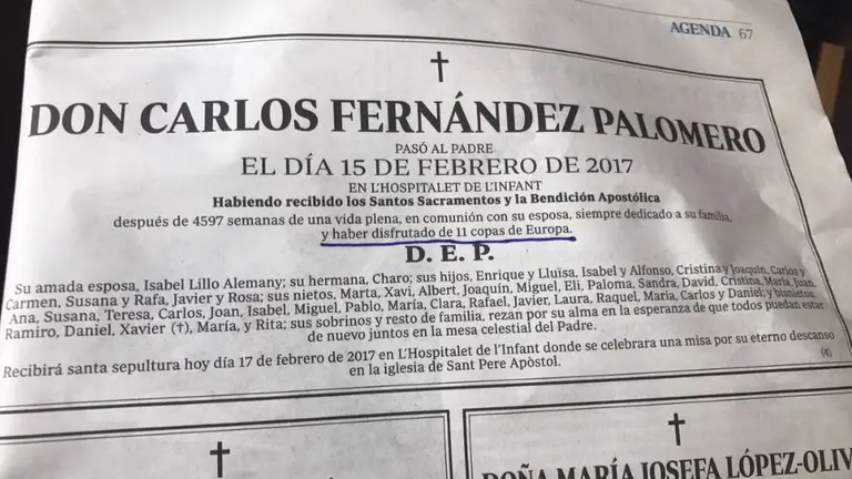 La esquela de un hombre que quiso recordar su madridismo hasta en su funeral TWITTER ABC
