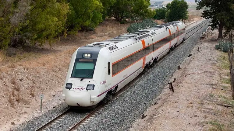 Tren pasando por una zona boscosa.  RENFE