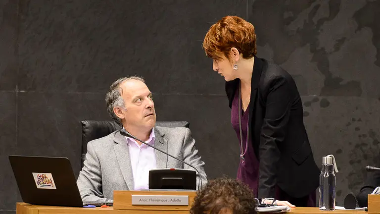 Adolfo Araiz habla con Bakartxo Ruíz ambos de EH Bildu. PABLO LASAOSA