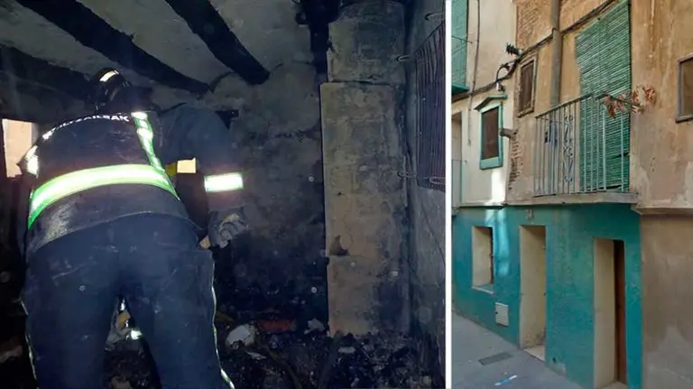 Bomberos realizando labores de refresco en la vivienda de la calle Palafox de Fitero para evitar que se reavivien las llamas. EPGOBIERNO DE NAVARRA