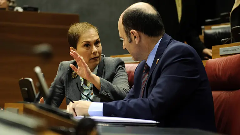 La presidenta del gobierno Uxue Barcos durante un pleno parlamentario. MIGUEL OSÉS (3)