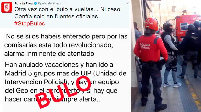 La Policía Foral desmiente el bulo que circula en redes alertando de un posible ataque terrorista