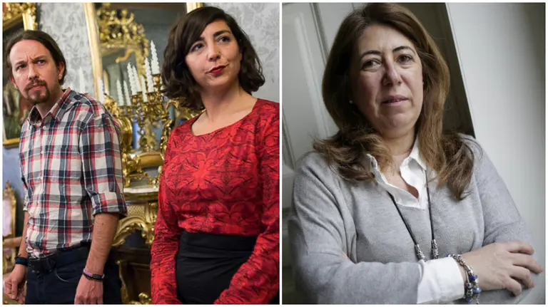 Pablo Iglesias y Laura Pérez, de Podemos Navarra, junto a Carmen Alba.