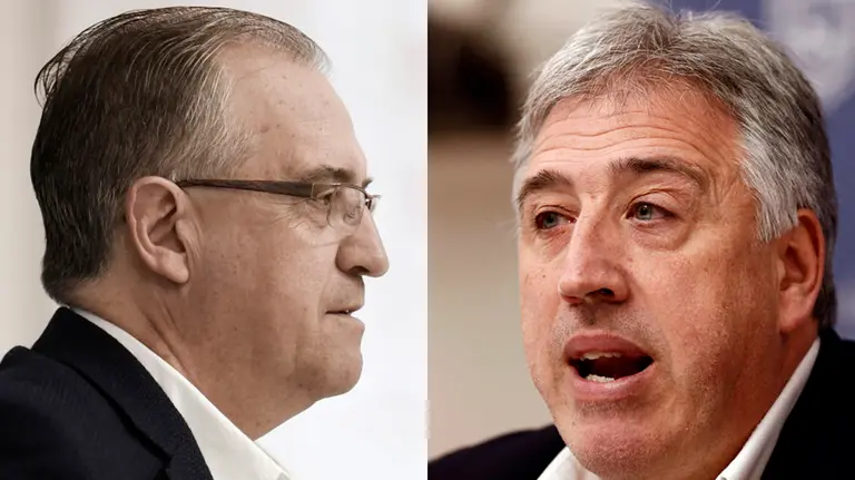 Enrique Maya, portavoz de UPN en el Ayuntamiento y exalcalde de Pamplona, y Joseba Asirón, actual primer edil de la capital navarra por EH Bildu. NAVARRA.COM