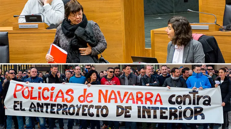 Arriba la consejera Beaumont y la portavoz de Podemos, Laura Pérez. Abajo una protesta de la Policía de Navarra.
