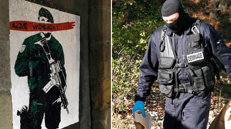 GRA392. ALSASUA (NAVARRA), 14/11/2016.- Cartel colocado hoy en la locadidad de Alsasua con la frase &#34;Alde Hemendik-Fuera de aqui&#34; tras la detención hoy de varios jóvenes en varias localidades por la agresión a dos agentes de la Guardia Civil el pasado 15 de octubre. Las detenciones se elevan ya a ocho y están enmarcadas en la operación Ausiki. Todos ellos, según un auto de la pasada semana de la juez de la Audiencia Nacional Carmen Lamela, podrían pertenecer al &#34;Movimiento OSPA&#34; que dinamiza la campaña de la izquierda abertzale &#34;Alde Hemendik&#34; (Fuera de Aquí) contra el instituto armado y la Policía Foral. EFE/Jesús Diges