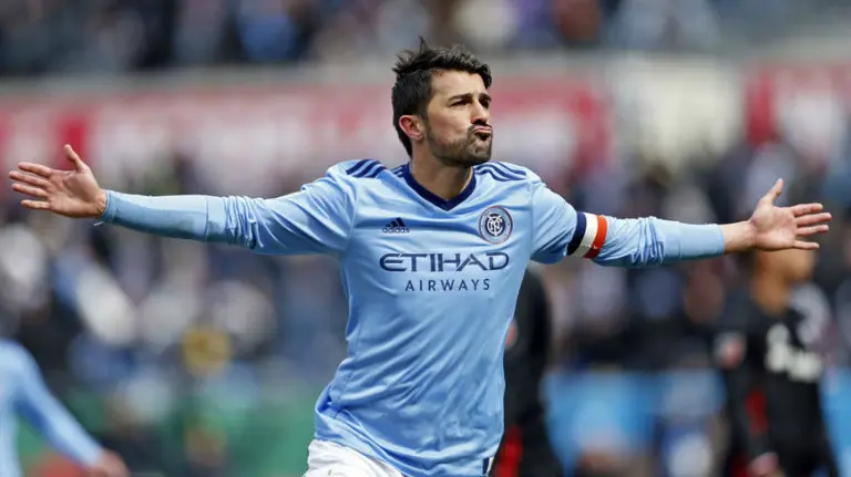 David Villa celebra uno de sus goles en la liga estadounidense.