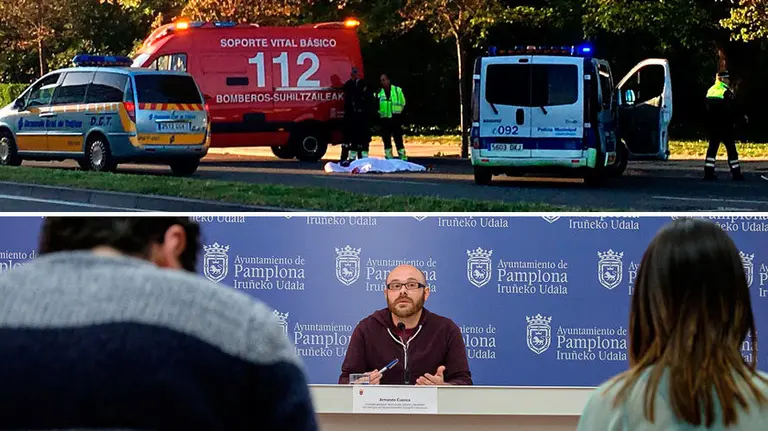 Arriba, imagen del atropello ocurrido en la calle Sadar (J. Ortega) y abajo un momento de la rueda de prensa del concejal Cuenca (Íñigo Alzagaray).