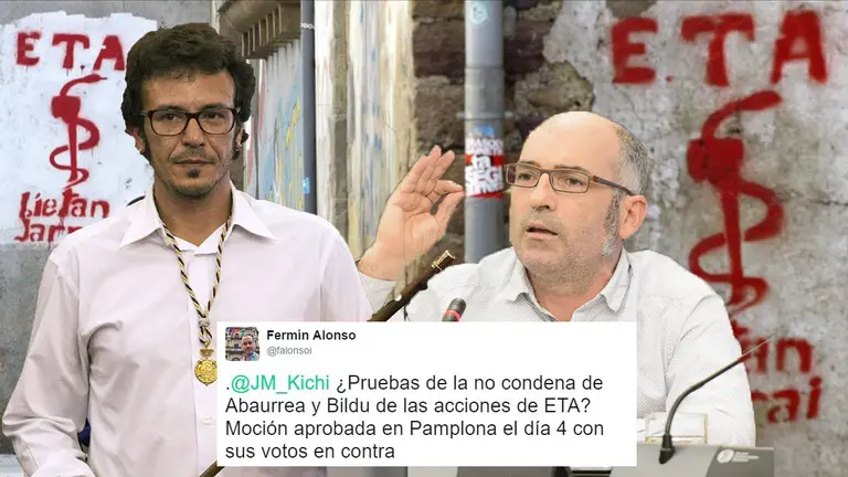 Kichi, alcalde de Cádiz, y Joxe Abaurrea, teniente de alcalde de Pamplona por EH Bildu, en un fotomontaje junto al organigrama de la banda terrorista ETA. NAVARRA.COM