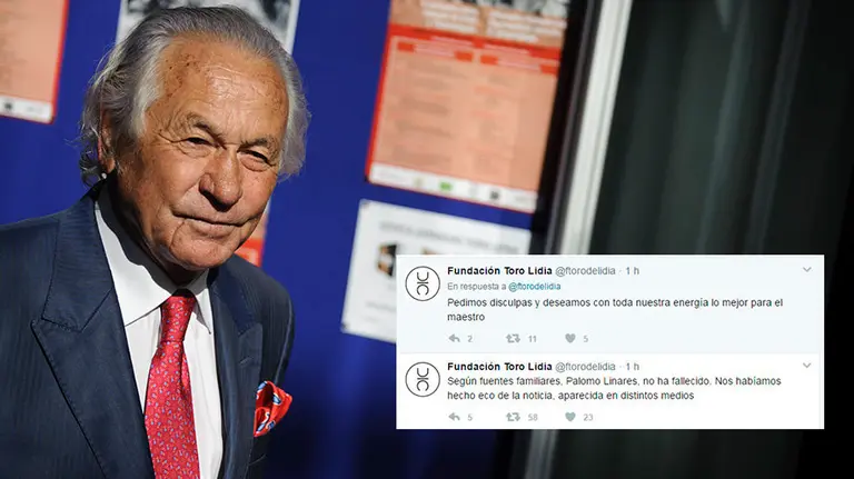 Imagen de Palomo Linares. A la derecha, los tuits de disculpa de la fundación Lidia de Toro.