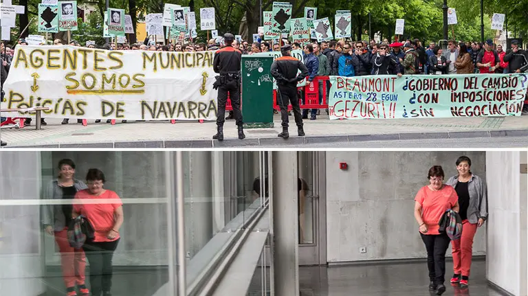 Arriba, la concentración convocada por los sindicatos de Policía Foral y, abajo, la consejera Beaumont en el Parlamento tras acc