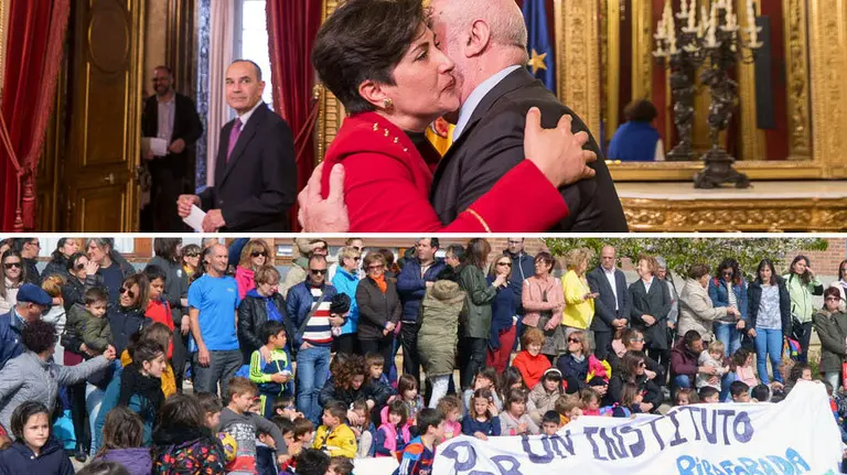 María Solana besa a su antecesor en el cargo como consejero de Educación, José Luis Mendoza. ÍÑIGO ALZUGARAY.