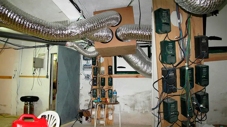 Parte de la instalación descubierta en el sótano del laboratorio de droga en una vivienda de Lerate