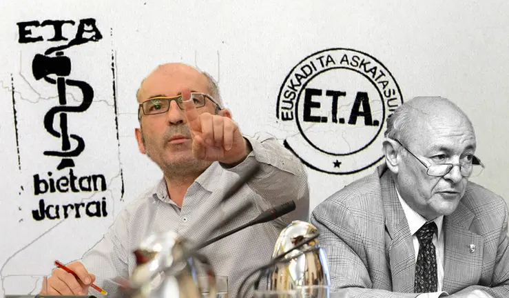 Joxe Abaurrea, concejal de Herri Batasuna y Bildu junto a una imagen de Tomás Caballero y los anagramas de ETA