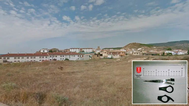 La localidad navarra de Murillo el Fruto y las tijeras que la mujer clavó en el abdomen de su pareja. Policía Foral.