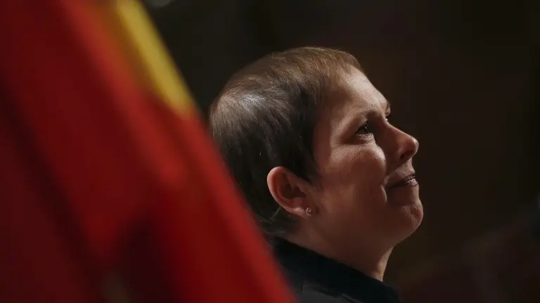 -La presidenta de Navarra, Uxue Barkos, al término de la VI Conferencia de Presidentes Autonómicos celebrada hoy en el Salón de Pasos Perdidos del Senado. EFE. JAVIER LIZÓN
