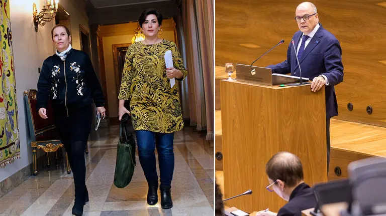 Imagen de la consejera María Solana caminando junto a Uxue Barkos y del parlamentario de UPN, Luis Zarraluqui, interviniendo en la Cámara foral