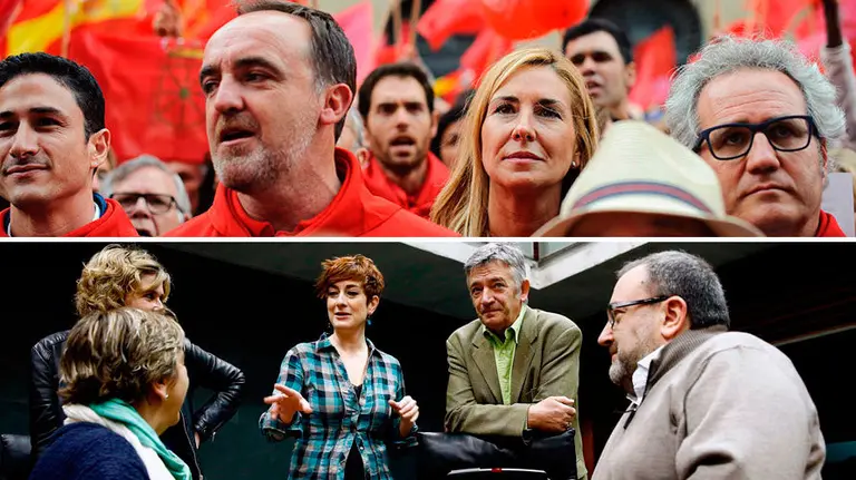 Arriba, algunos de los políticos que participaron en la manifestación del 3J y, abajo, miembros del cuatripartito en el Parlamento de Navarra. Navarra.com EFE